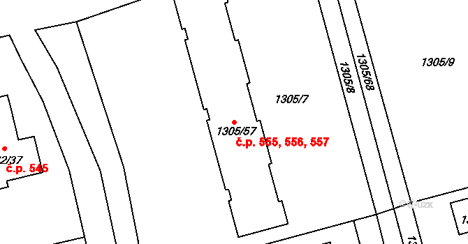 Dolany 555,556,557 na parcele st. 1305/57 v KÚ Dolany u Olomouce, Katastrální mapa