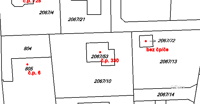 Strkov 330, Planá nad Lužnicí na parcele st. 2067/53 v KÚ Planá nad Lužnicí, Katastrální mapa