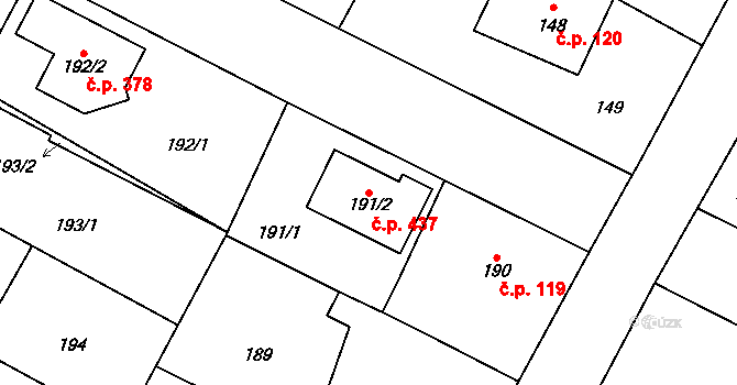 Senec 437, Zruč-Senec na parcele st. 191/2 v KÚ Senec u Plzně, Katastrální mapa