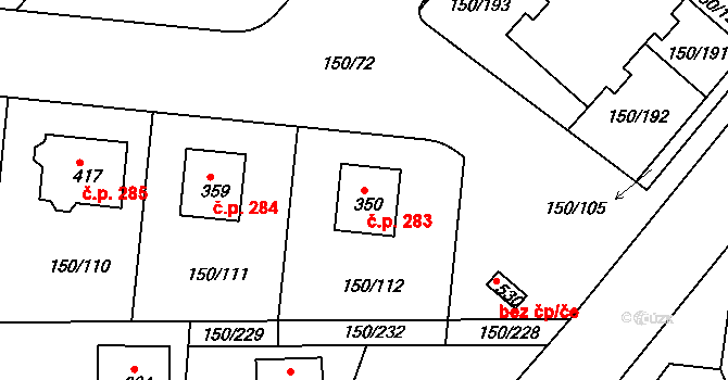 Mratín 283 na parcele st. 350 v KÚ Mratín, Katastrální mapa