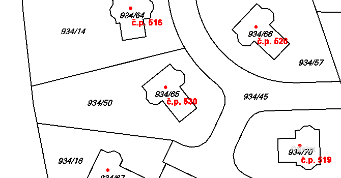 Písnice 530, Praha na parcele st. 934/65 v KÚ Písnice, Katastrální mapa