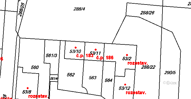 Černolice 186 na parcele st. 53/11 v KÚ Černolice, Katastrální mapa