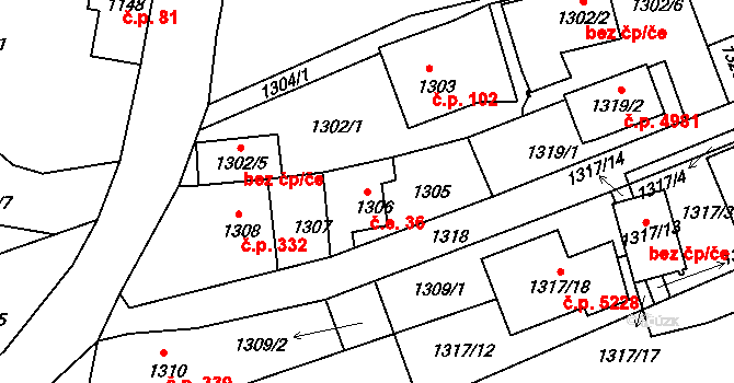 Mšeno nad Nisou 36, Jablonec nad Nisou na parcele st. 1306 v KÚ Mšeno nad Nisou, Katastrální mapa