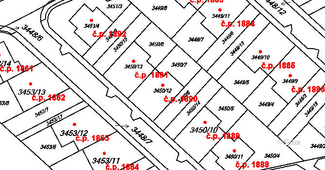 Kuřim 1890 na parcele st. 3450/12 v KÚ Kuřim, Katastrální mapa