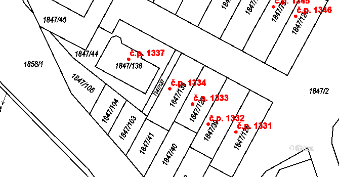 Bystřice nad Pernštejnem 1334 na parcele st. 1847/135 v KÚ Bystřice nad Pernštejnem, Katastrální mapa