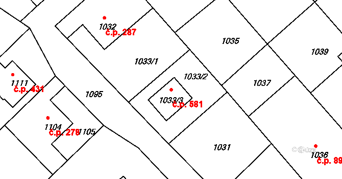 Štípa 581, Zlín na parcele st. 1033/3 v KÚ Štípa, Katastrální mapa