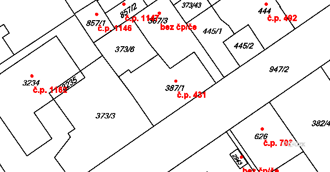 Přívoz 431, Ostrava na parcele st. 387/1 v KÚ Přívoz, Katastrální mapa