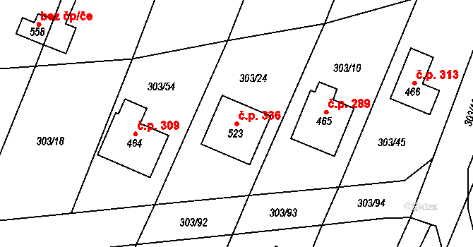 Dolní Lhota 336 na parcele st. 523 v KÚ Dolní Lhota u Ostravy, Katastrální mapa