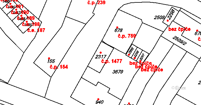 Rosice 1477 na parcele st. 2317 v KÚ Rosice u Brna, Katastrální mapa