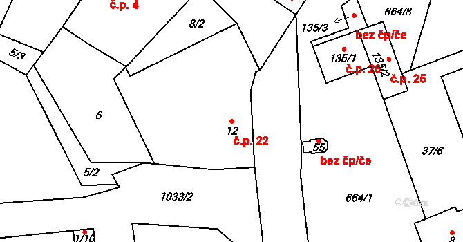 Vyšetice 22, Šebířov na parcele st. 12 v KÚ Vyšetice, Katastrální mapa