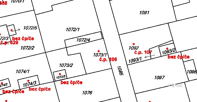 Tlučná 106 na parcele st. 1073/1 v KÚ Tlučná, Katastrální mapa