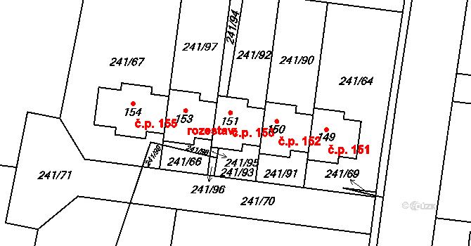 Kolomuty 153 na parcele st. 151 v KÚ Kolomuty, Katastrální mapa