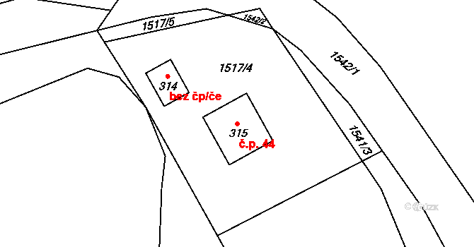 Pelechy 44 na parcele st. 315 v KÚ Pelechy, Katastrální mapa