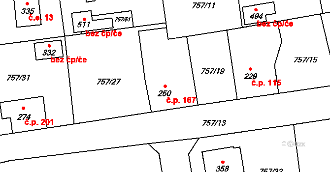 Košetice 167 na parcele st. 250 v KÚ Košetice, Katastrální mapa