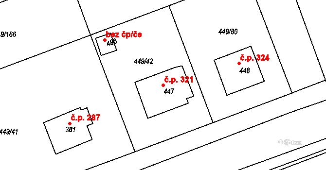 Merklín 321 na parcele st. 447 v KÚ Merklín u Přeštic, Katastrální mapa