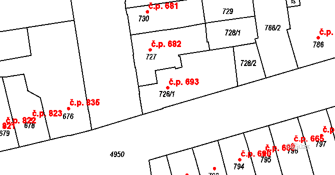 Louny 693 na parcele st. 726/1 v KÚ Louny, Katastrální mapa