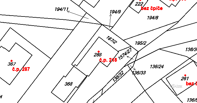 Lípa 218 na parcele st. 288 v KÚ Lípa u Havlíčkova Brodu, Katastrální mapa