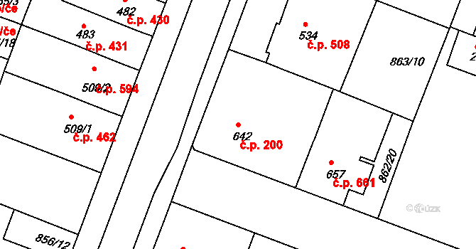 Bystřice pod Hostýnem 200 na parcele st. 642 v KÚ Bystřice pod Hostýnem, Katastrální mapa