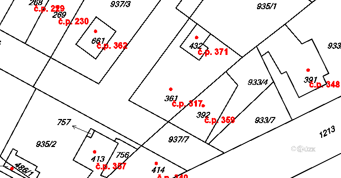 Lázně Toušeň 317 na parcele st. 361 v KÚ Lázně Toušeň, Katastrální mapa