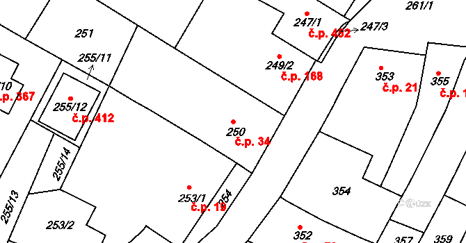 Popůvky 34 na parcele st. 250 v KÚ Popůvky u Brna, Katastrální mapa