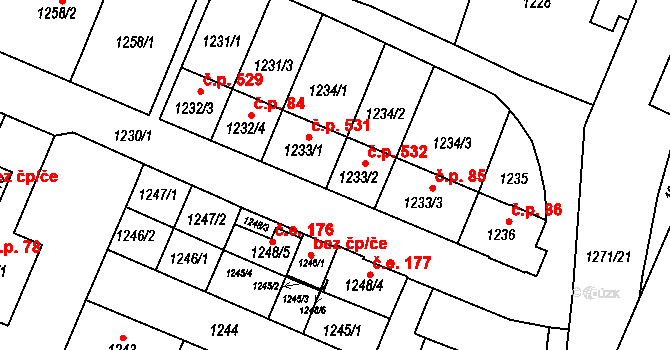Zastávka 532 na parcele st. 1233/2 v KÚ Zastávka, Katastrální mapa