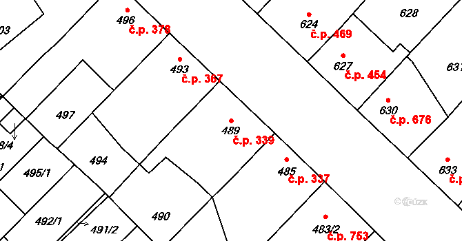 Lužice 339 na parcele st. 489 v KÚ Lužice u Hodonína, Katastrální mapa