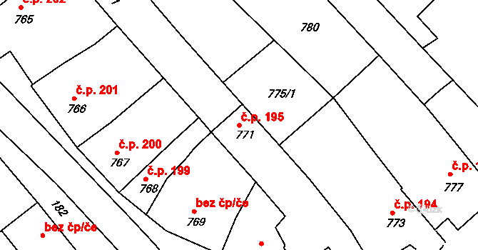 Šaratice 195 na parcele st. 771 v KÚ Šaratice, Katastrální mapa