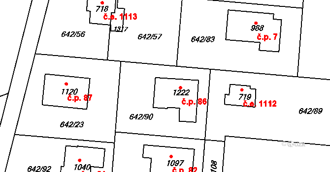 Kamenice 86 na parcele st. 1222 v KÚ Těptín, Katastrální mapa