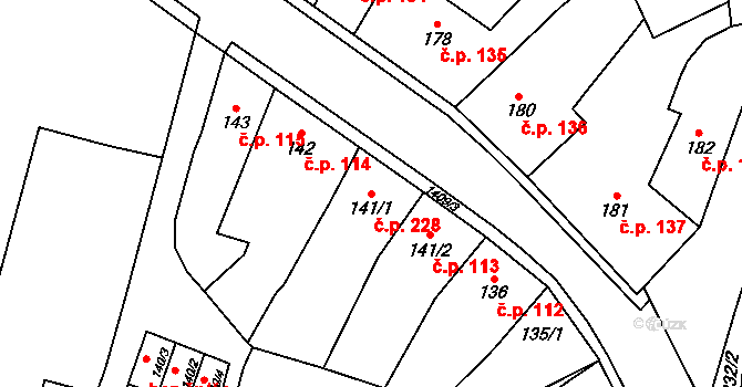 Miletín 228 na parcele st. 141/1 v KÚ Miletín, Katastrální mapa