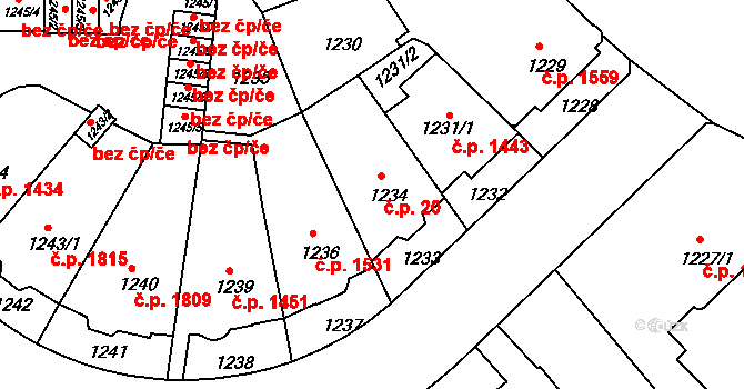 Teplice 20 na parcele st. 1234 v KÚ Teplice, Katastrální mapa