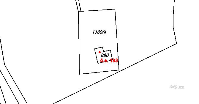 Komorní Lhotka 193 na parcele st. 886 v KÚ Komorní Lhotka, Katastrální mapa