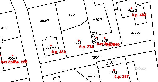 Dolní Rychnov 274 na parcele st. 411 v KÚ Dolní Rychnov, Katastrální mapa