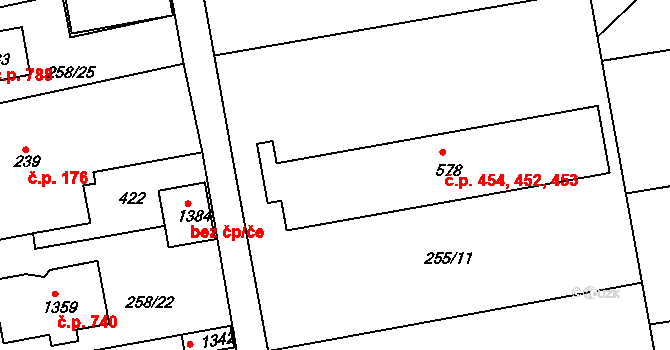 Malšovice 452,453,454, Hradec Králové na parcele st. 578 v KÚ Malšovice u Hradce Králové, Katastrální mapa