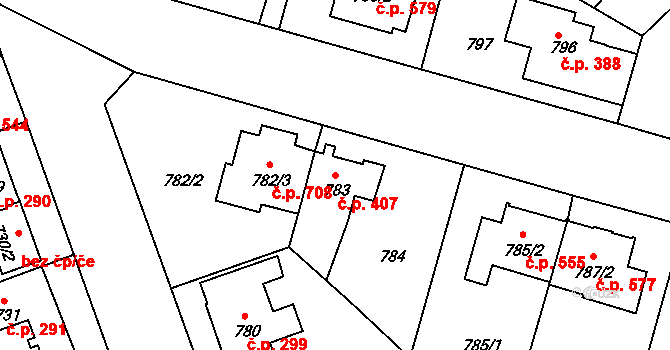 Černice 407, Plzeň na parcele st. 783 v KÚ Bručná, Katastrální mapa