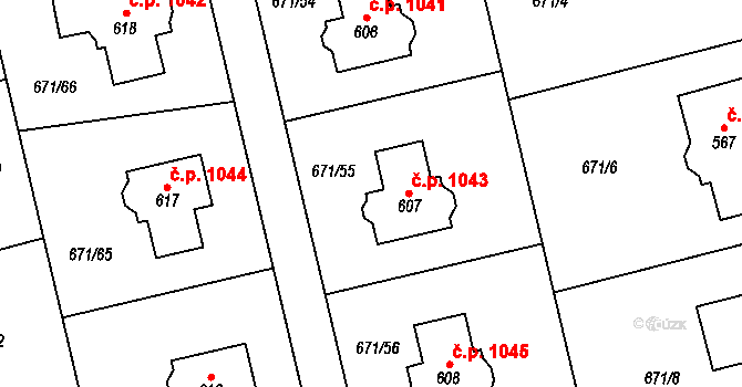 Hlubočinka 1043, Sulice na parcele st. 607 v KÚ Sulice, Katastrální mapa