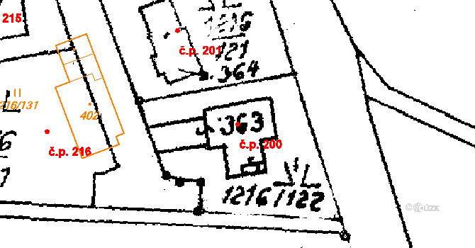 Doubravy 200 na parcele st. 363 v KÚ Doubravy, Katastrální mapa