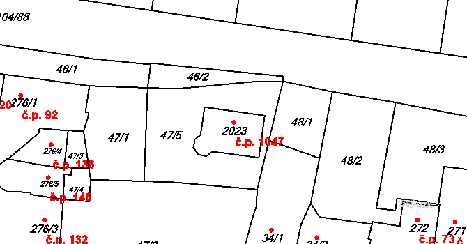 Podklášteří 1047, Třebíč na parcele st. 2023 v KÚ Podklášteří, Katastrální mapa