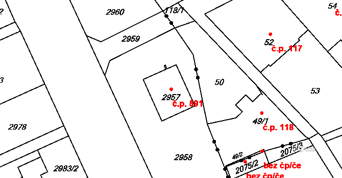 Jaktař 591, Opava na parcele st. 2957 v KÚ Jaktař, Katastrální mapa