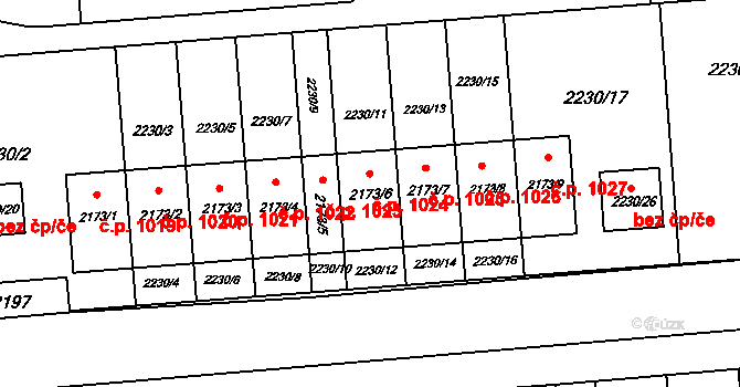 Podbořany 1024 na parcele st. 2173/6 v KÚ Podbořany, Katastrální mapa