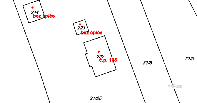 Hájov 133, Příbor na parcele st. 222 v KÚ Hájov, Katastrální mapa