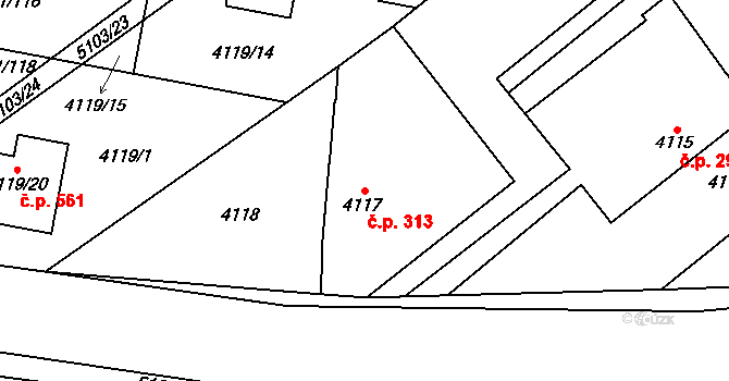 Choceňské Předměstí 313, Vysoké Mýto na parcele st. 4117 v KÚ Vysoké Mýto, Katastrální mapa