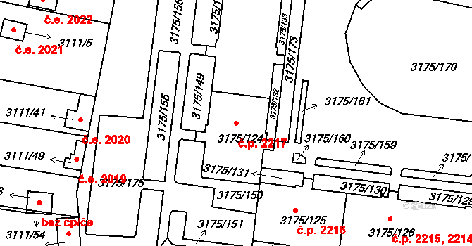 Louny 2217 na parcele st. 3175/124 v KÚ Louny, Katastrální mapa