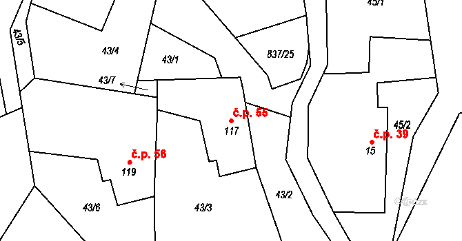 Počátky 55, Chotěboř na parcele st. 117 v KÚ Počátky u Chotěboře, Katastrální mapa