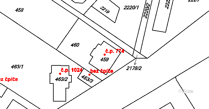 Valtice 774 na parcele st. 459 v KÚ Valtice, Katastrální mapa