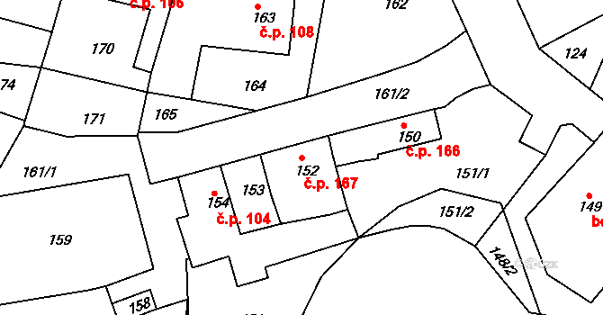 Velké Hostěrádky 167 na parcele st. 152 v KÚ Velké Hostěrádky, Katastrální mapa