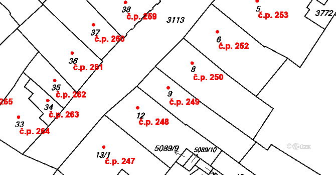 Kroměříž 249 na parcele st. 9 v KÚ Kroměříž, Katastrální mapa