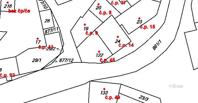 Žárovice 45, Plumlov na parcele st. 122 v KÚ Žárovice, Katastrální mapa