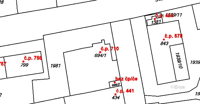 Hrušovany nad Jevišovkou 710 na parcele st. 694/1 v KÚ Hrušovany nad Jevišovkou, Katastrální mapa