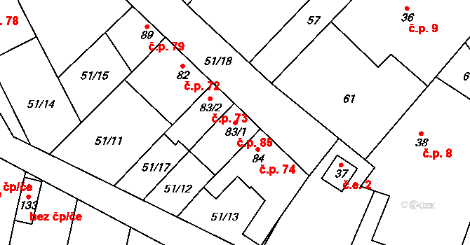 Skoky 85, Dolní Újezd na parcele st. 83/1 v KÚ Skoky u Staměřic, Katastrální mapa