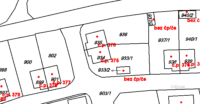 Rýnovice 375, Jablonec nad Nisou na parcele st. 934 v KÚ Rýnovice, Katastrální mapa